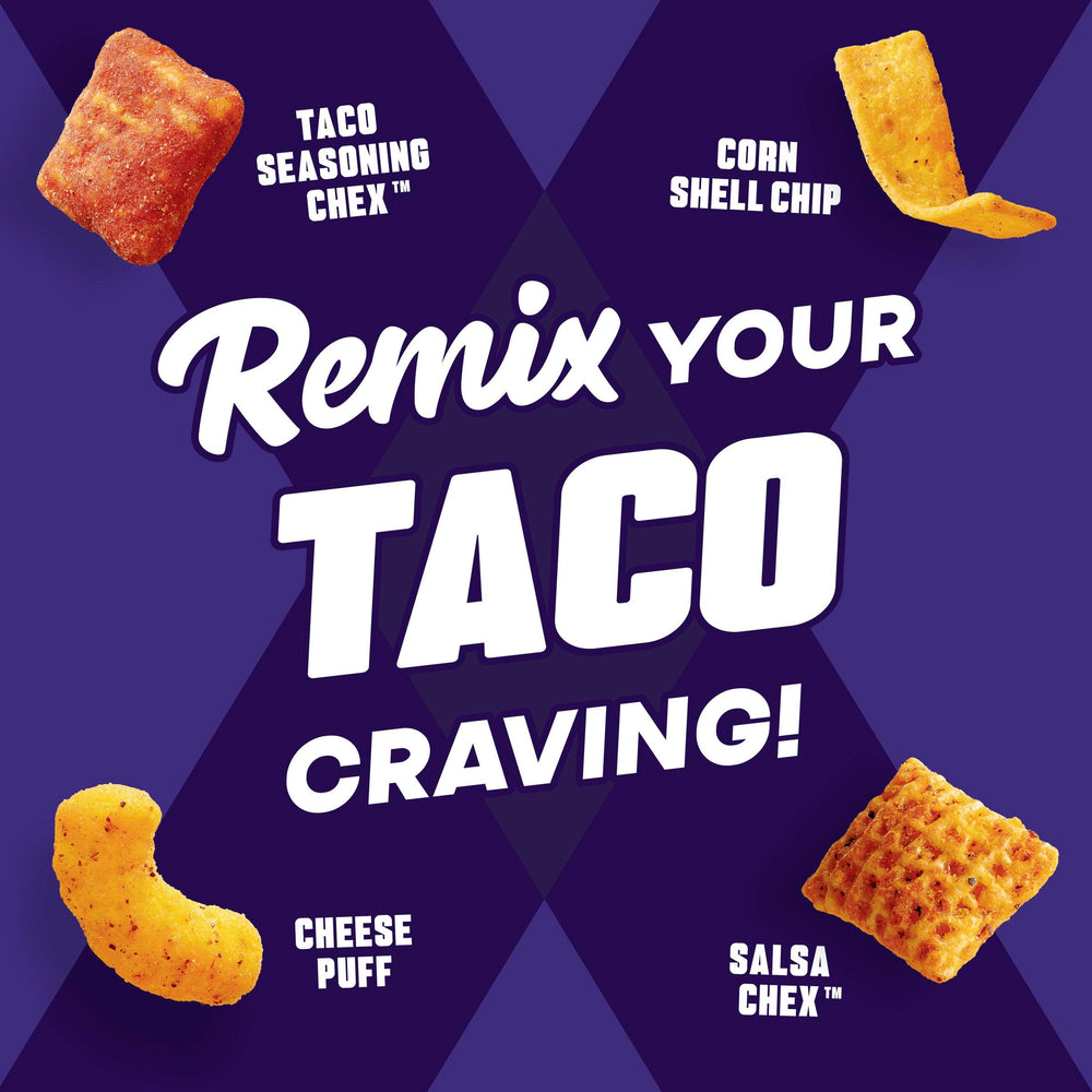 Chex Mix Remix Zesty Taco ingredients display colorful mix of Chex and snacks.
