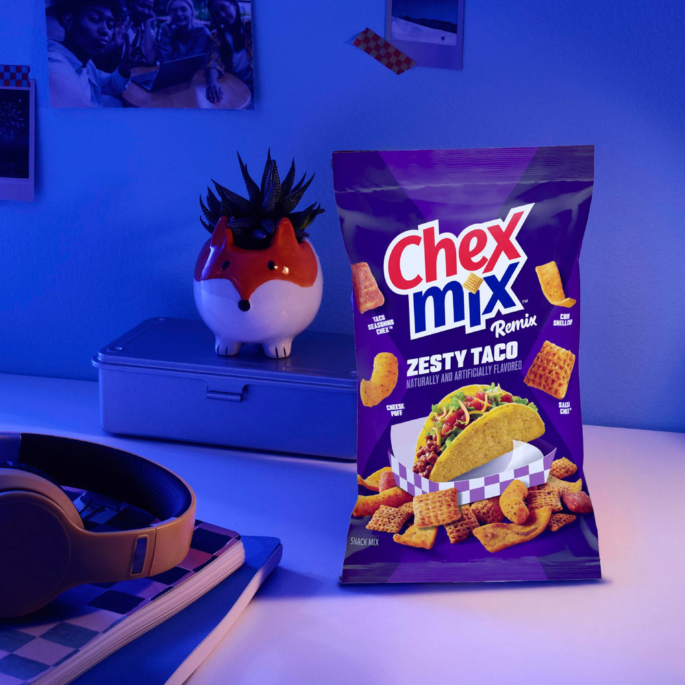 Chex Mix Remix Zesty Taco party table scene ready for guests and fun.