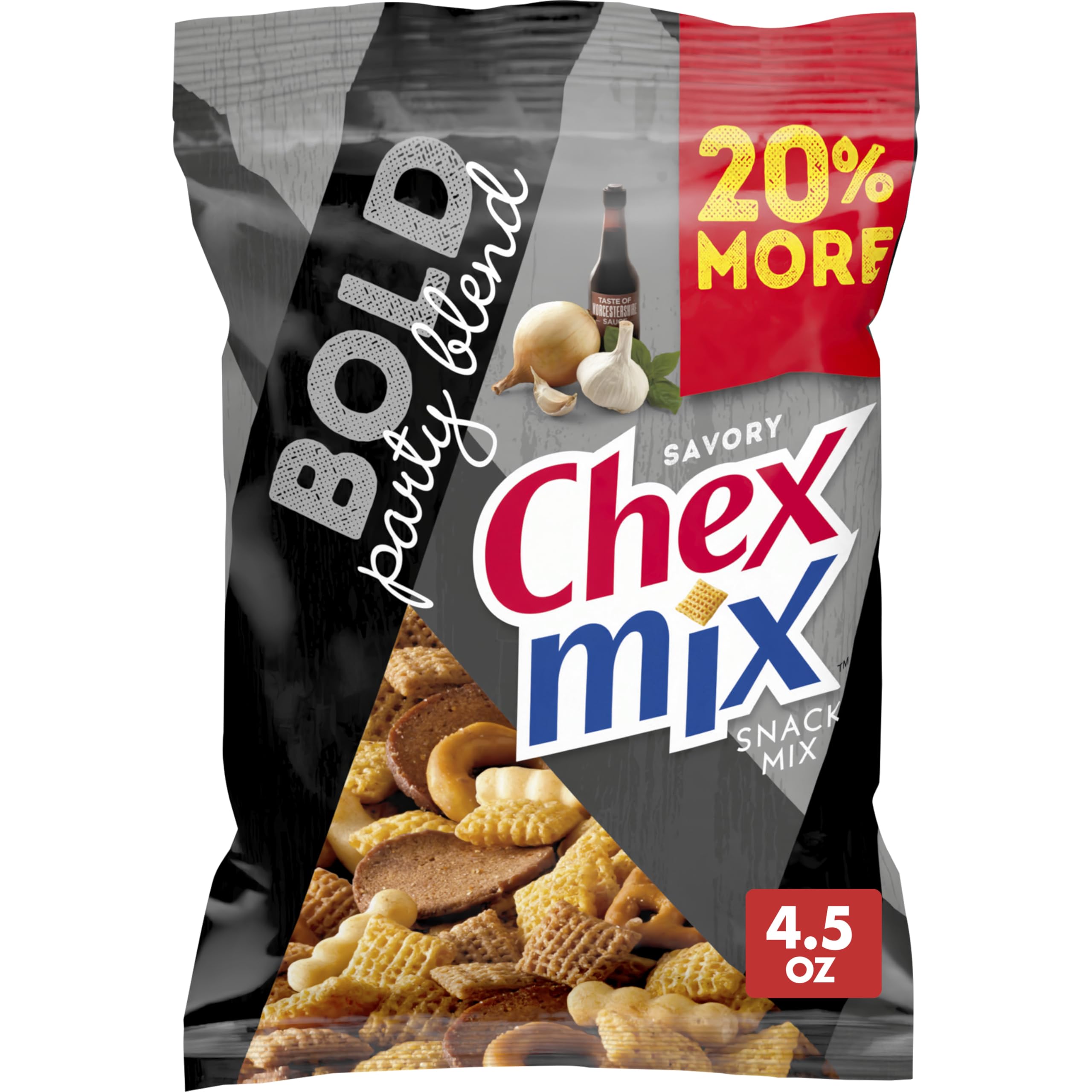 Chex Mix savory bold party blend in a bowl, ideal for entertaining guests and casual snacking