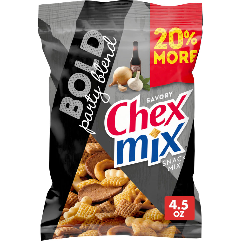 Chex Mix savory bold party blend in a bowl, ideal for entertaining guests and casual snacking