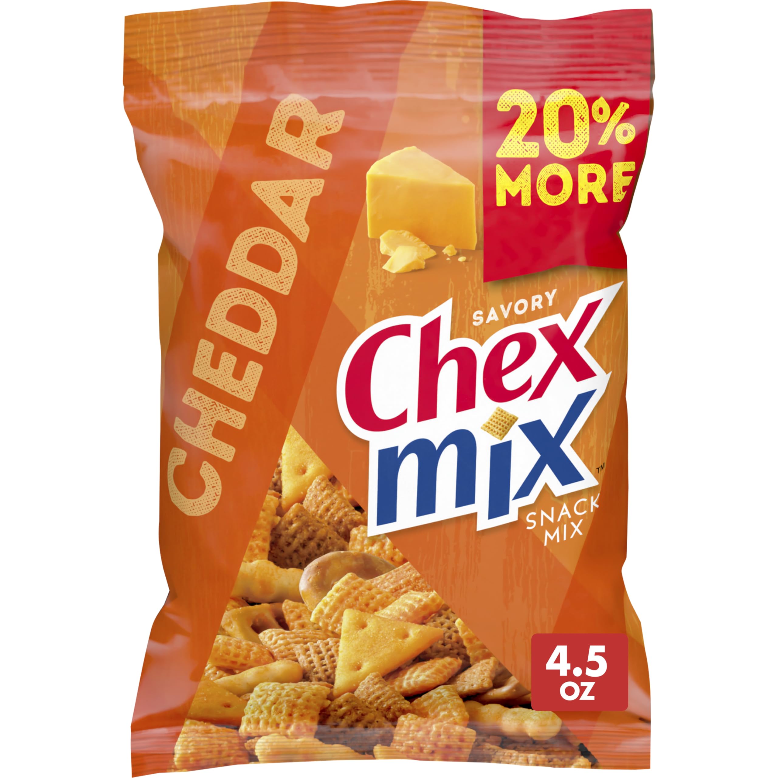 Chex Mix Savory Cheddar Snack Mix bag showing cheddar crunch, ideal for sharing