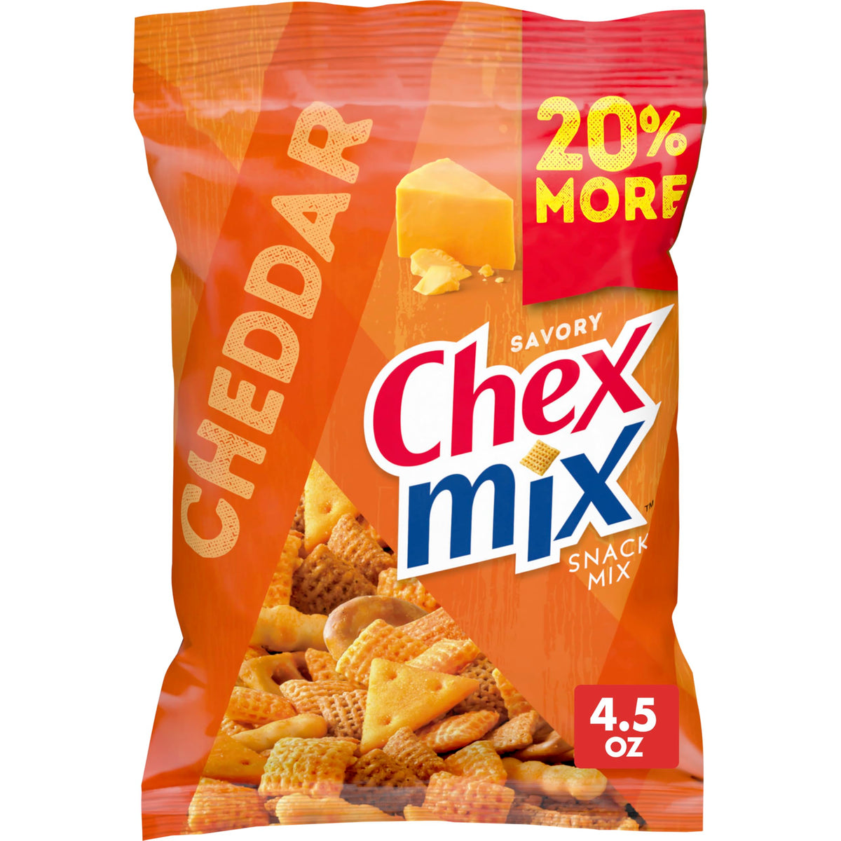 Chex Mix Savory Cheddar Snack Mix bag showing cheddar crunch, ideal for sharing