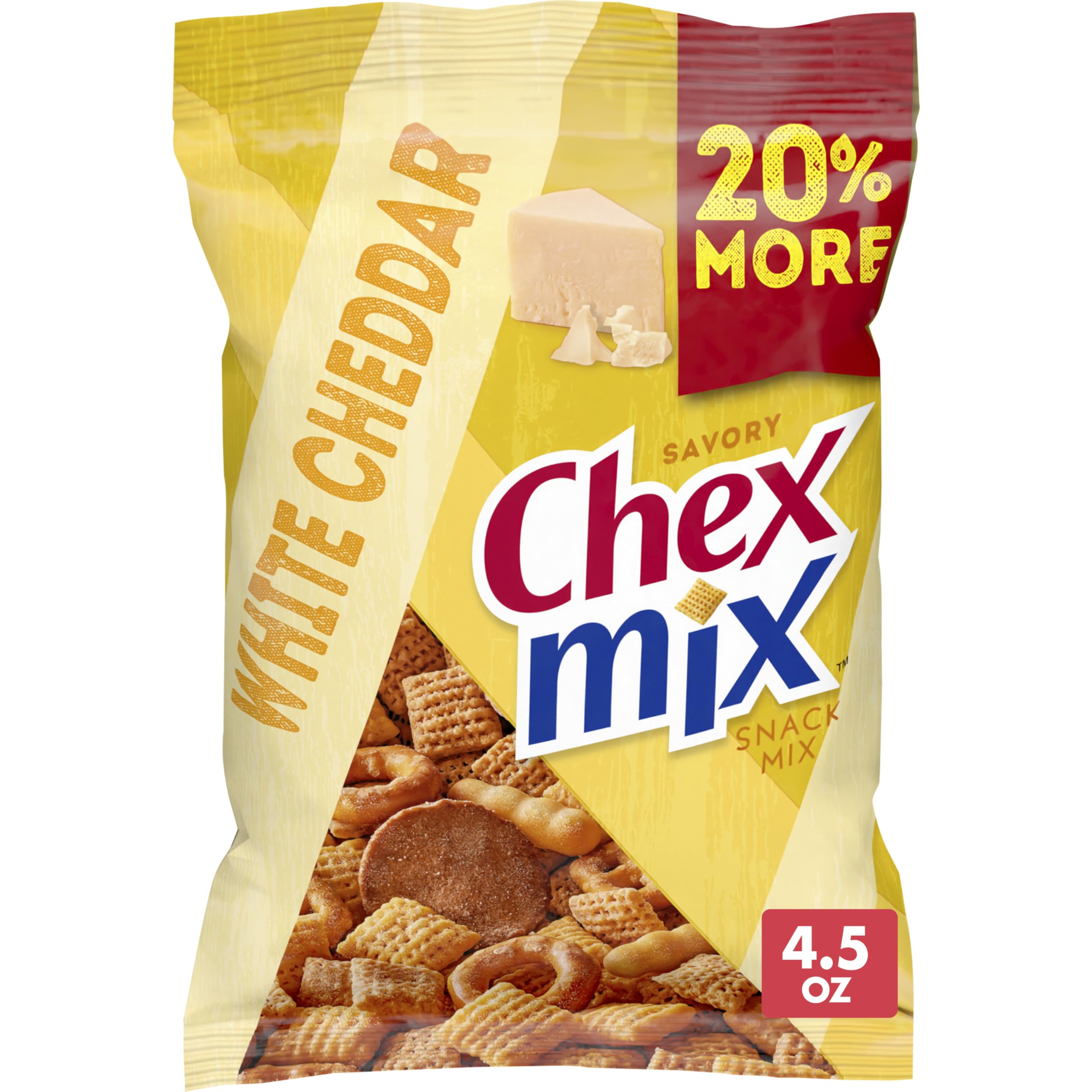 Chex Mix Savory White Cheddar in a bag for on-the-go snacking