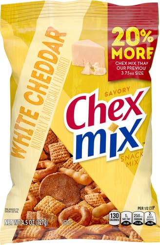Chex Mix Savory White Cheddar in hand, ideal for sharing