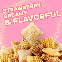 Chex Mix Simply Strawberry Creme Snack Closeup, creamy coating enhances flavor
