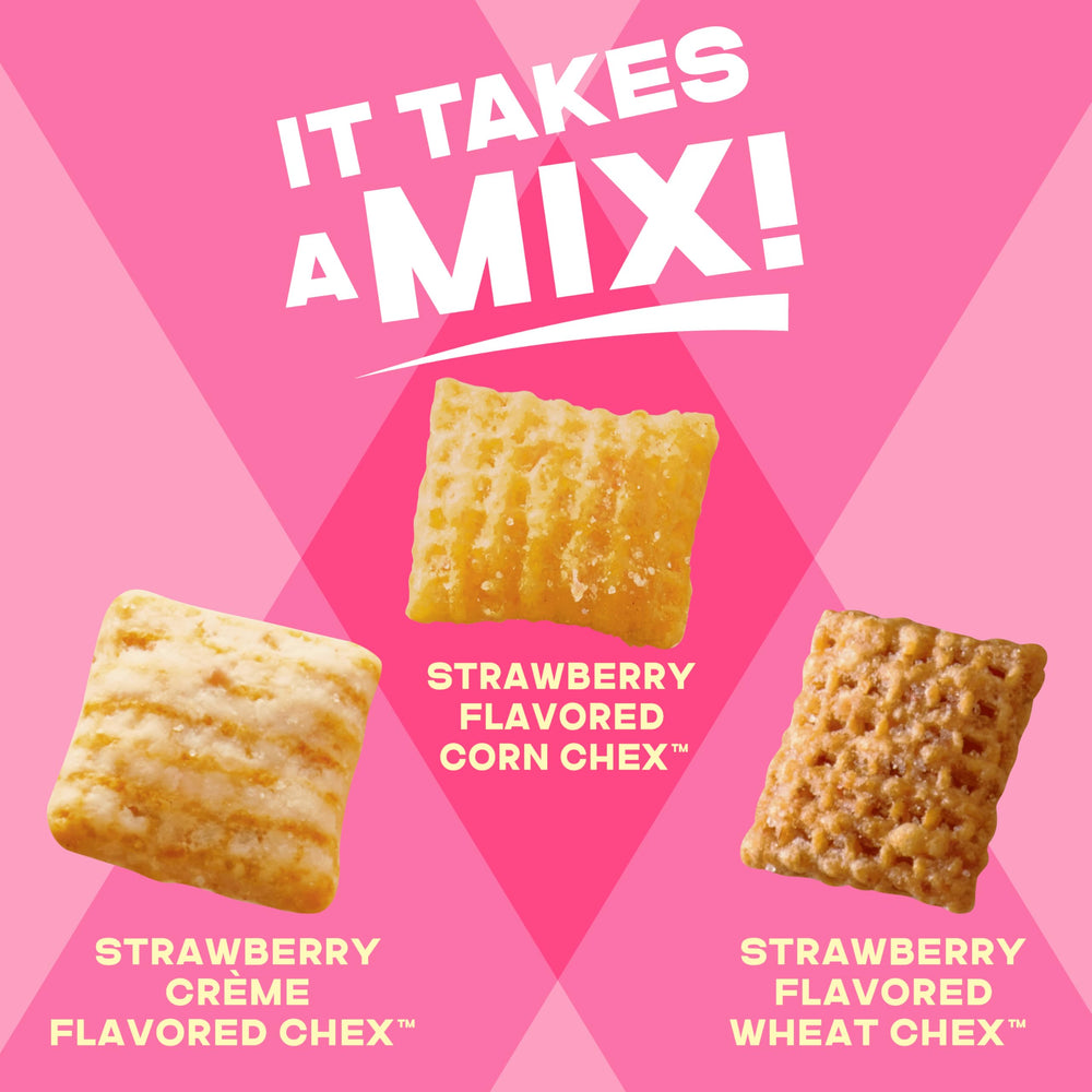 Chex Mix Simply Strawberry Creme Snack Packaging, family-size bag for pantry stock