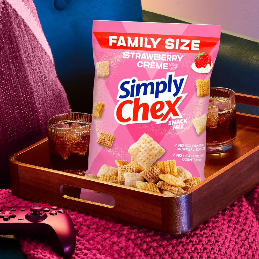 Chex Mix Simply Strawberry Creme Snack Pieces, three Chex varieties in strawberry coating