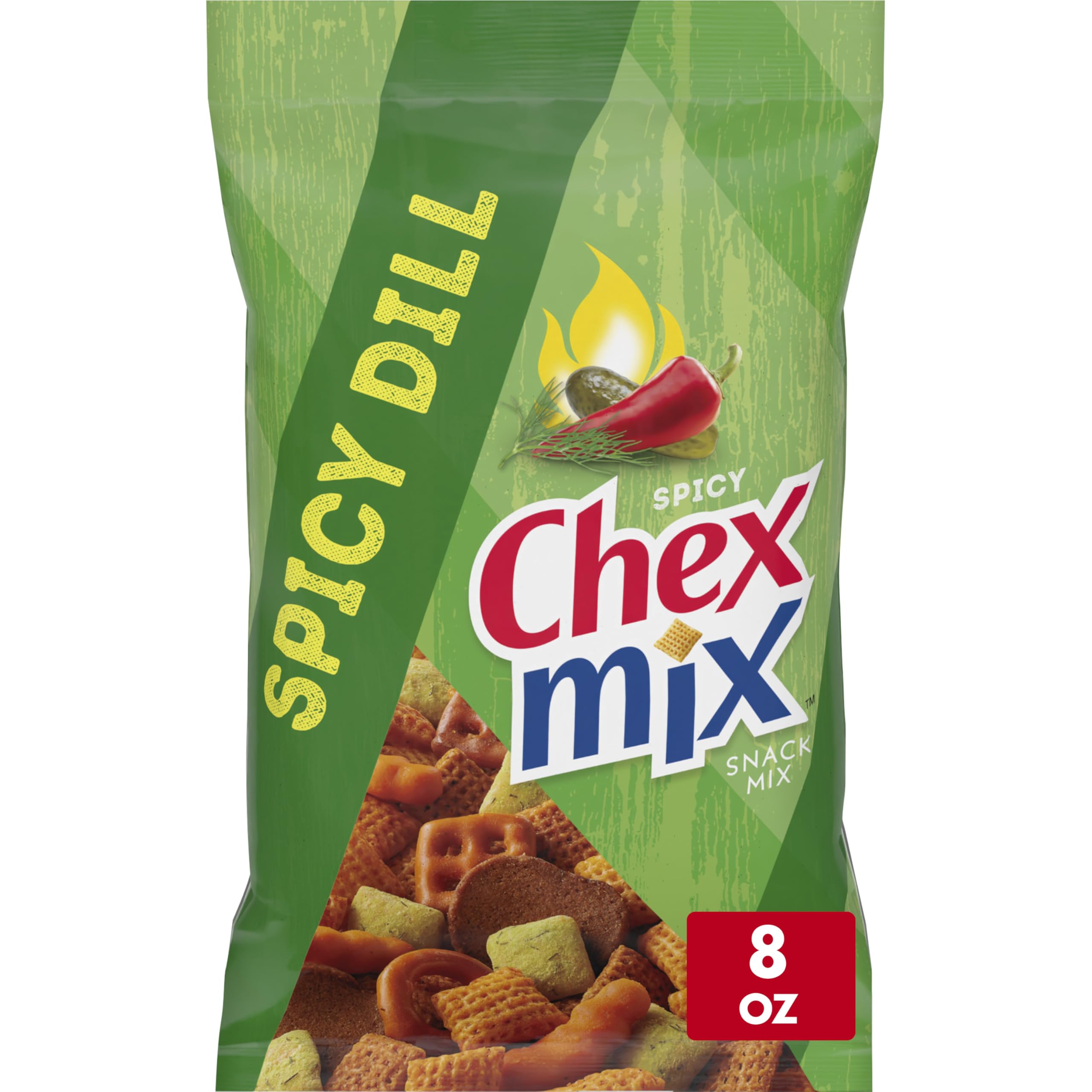 Chex Mix Spicy Dill bag front showcases bold texture for party snacking.