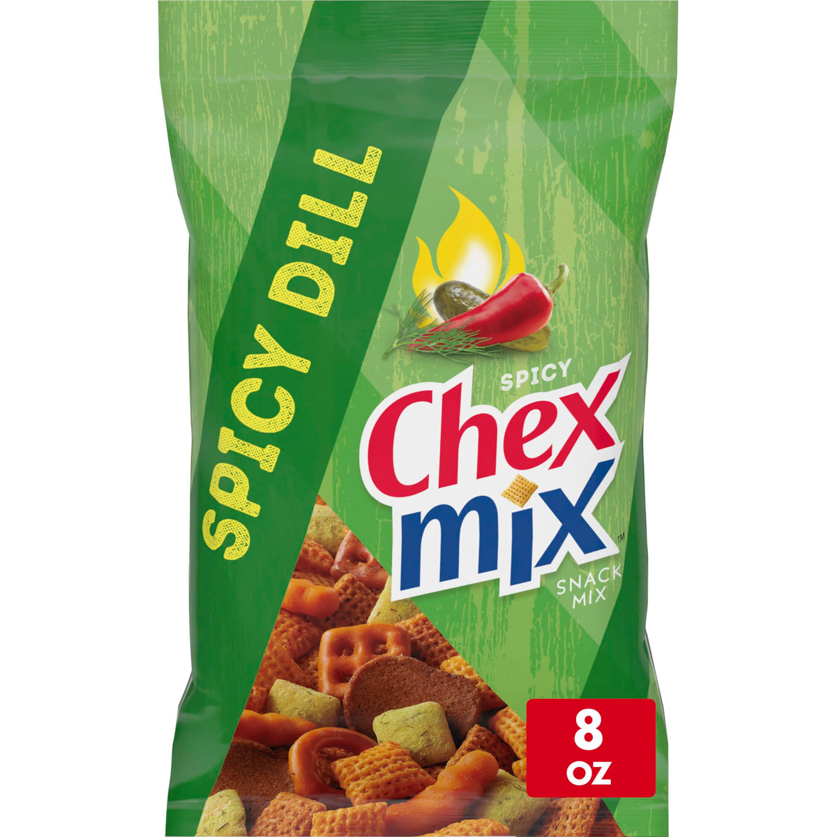 Chex Mix Spicy Dill bag front showcases bold texture for party snacking.