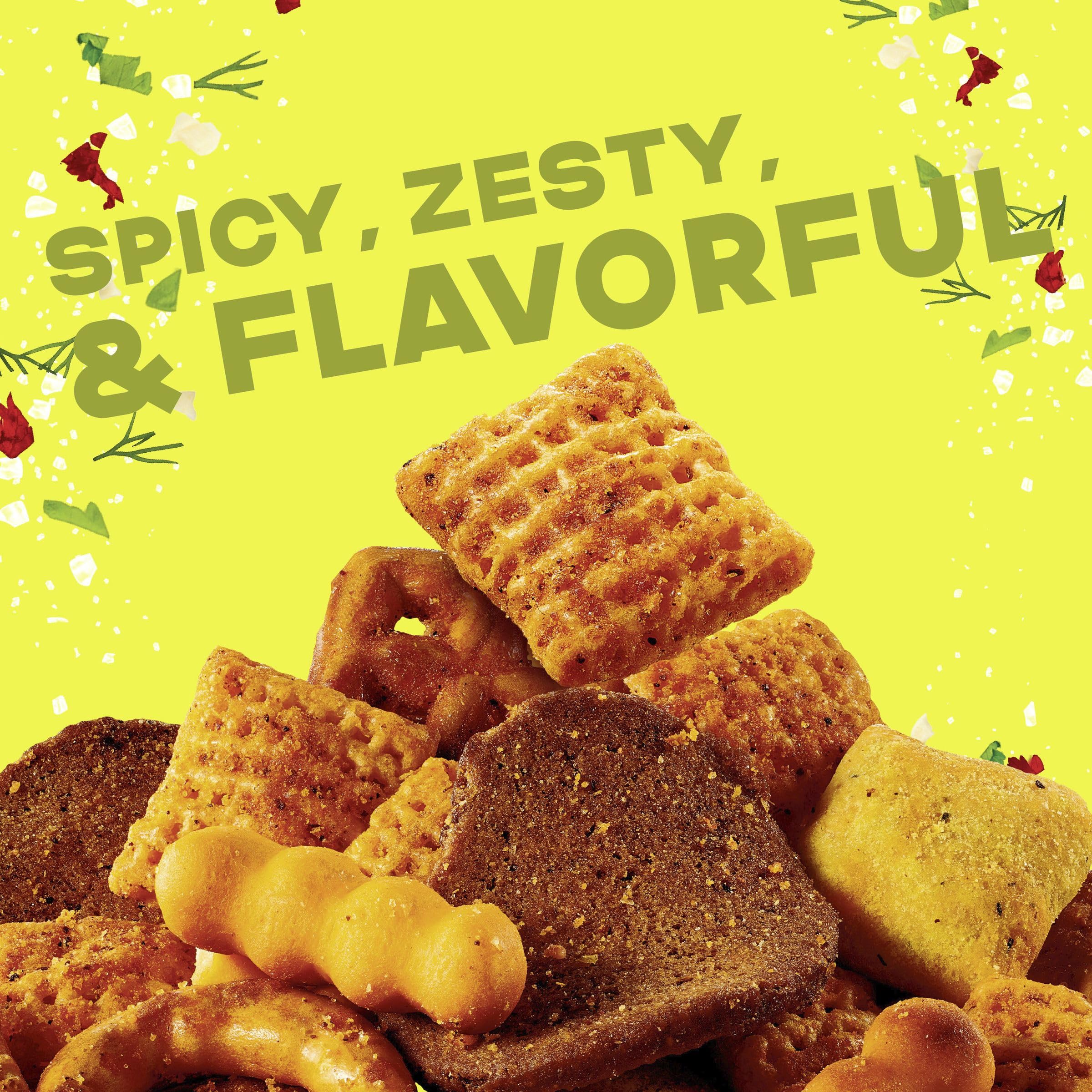 Chex Mix Spicy Dill round pretzels add playful shapes for party snacking.