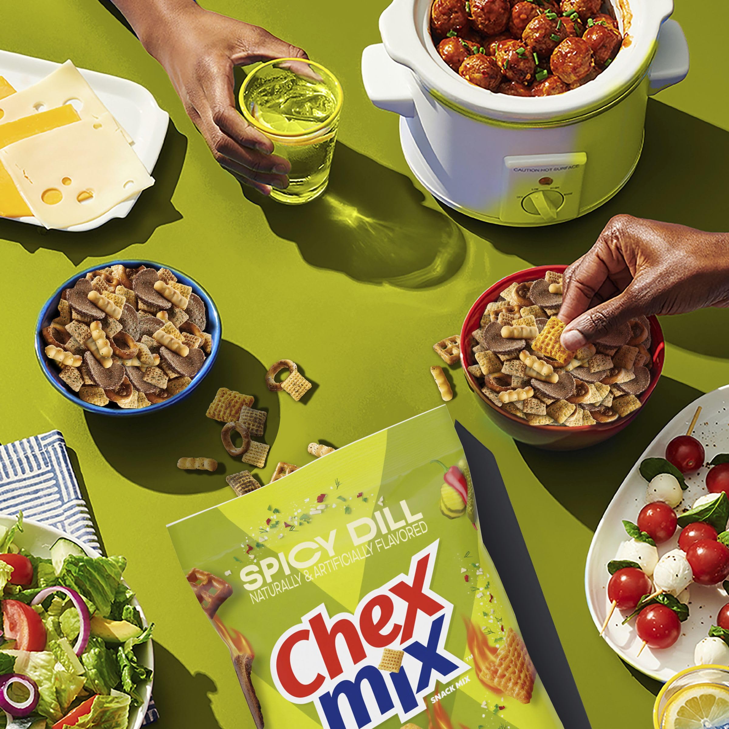 Chex Mix Spicy Dill served in a bowl for shareable snacking.