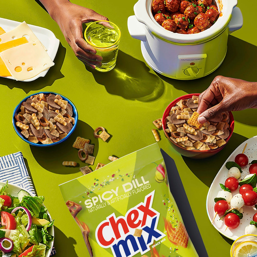 Chex Mix Spicy Dill served in a bowl for shareable snacking.