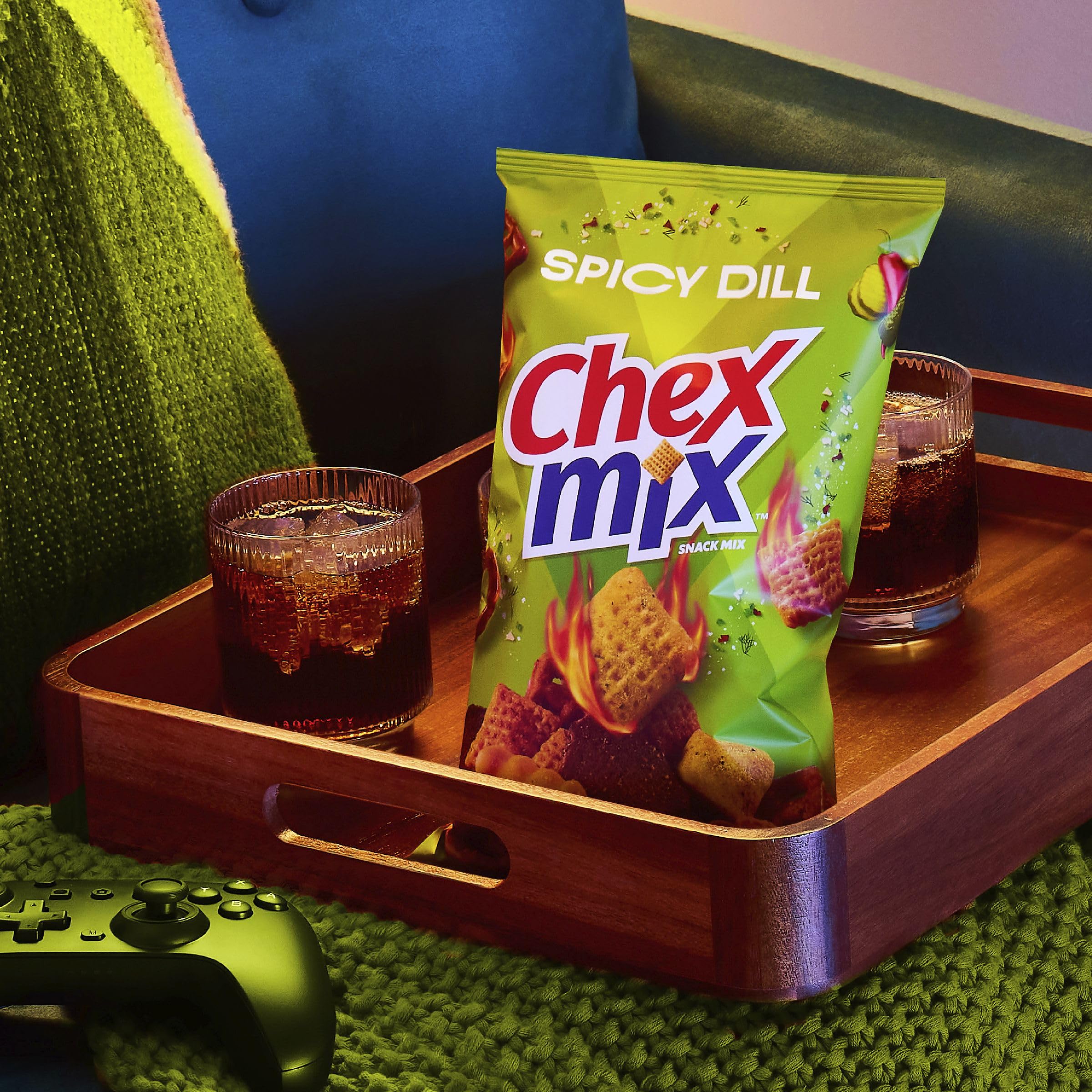 Chex Mix Spicy Dill breadsticks add chewy crunch and spice.