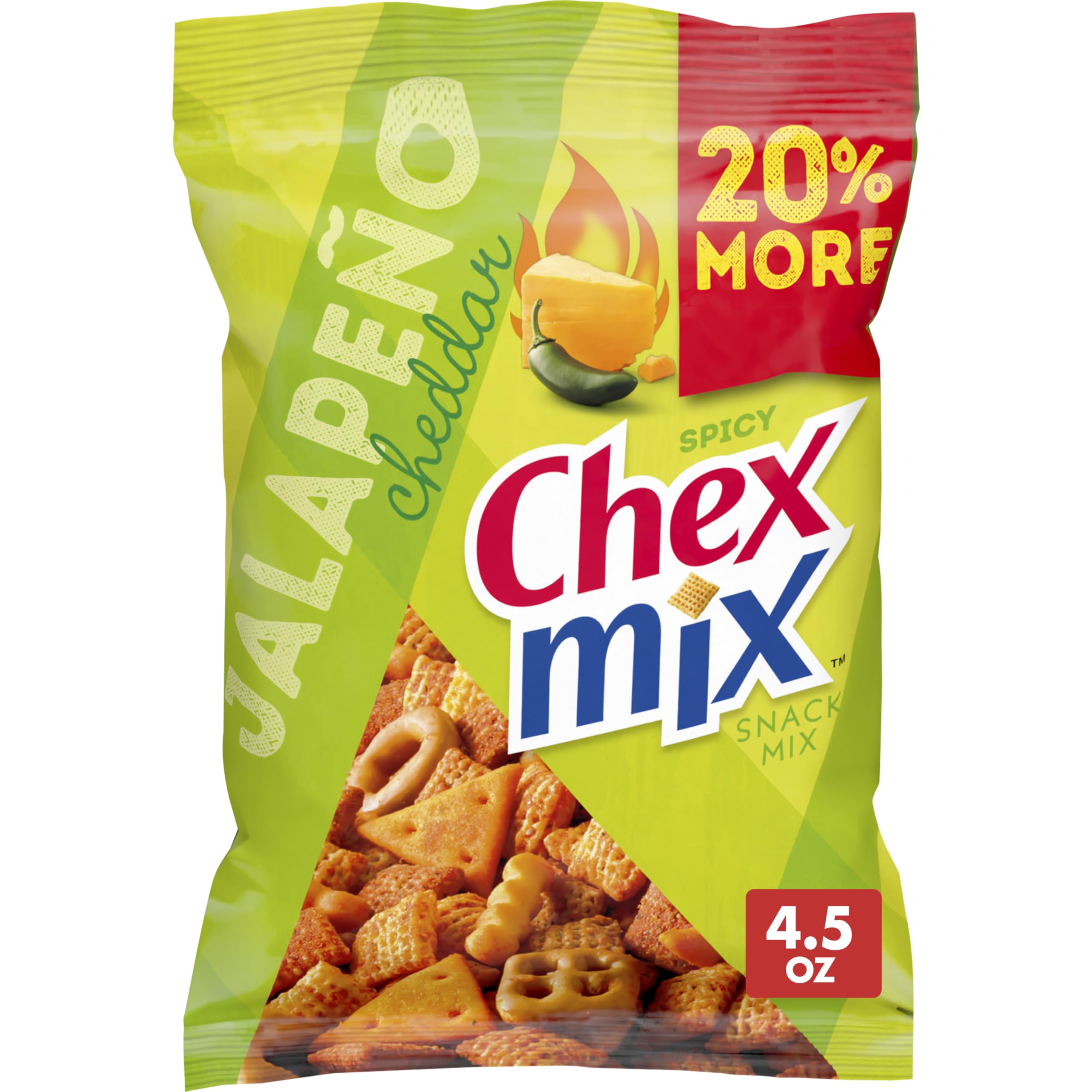 Chex Mix Spicy Jalapeno Cheddar packaging front showing bold flavor and 4.5 oz size.