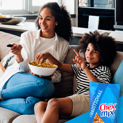 Chex Mix Traditional ingredients close-up: cereals, pretzels, breadsticks