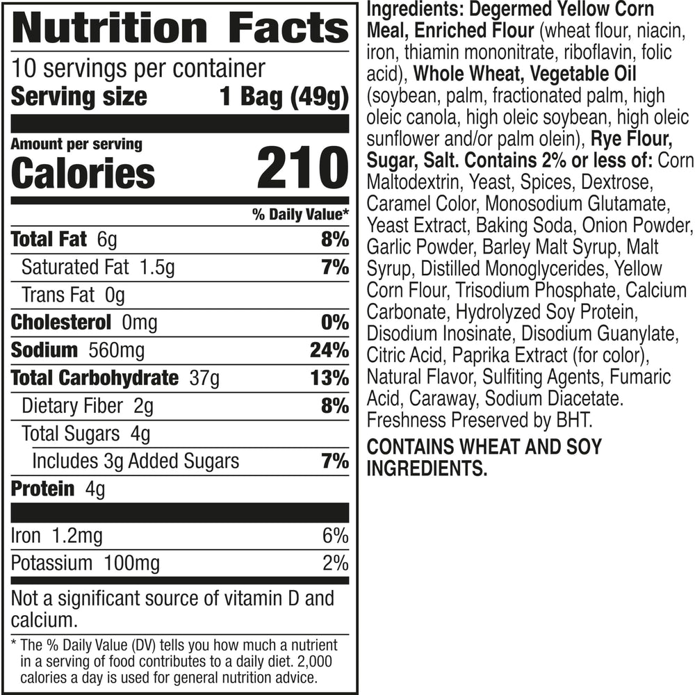 Chex Mix Traditional Original ingredients featuring corn Chex and rye chips.