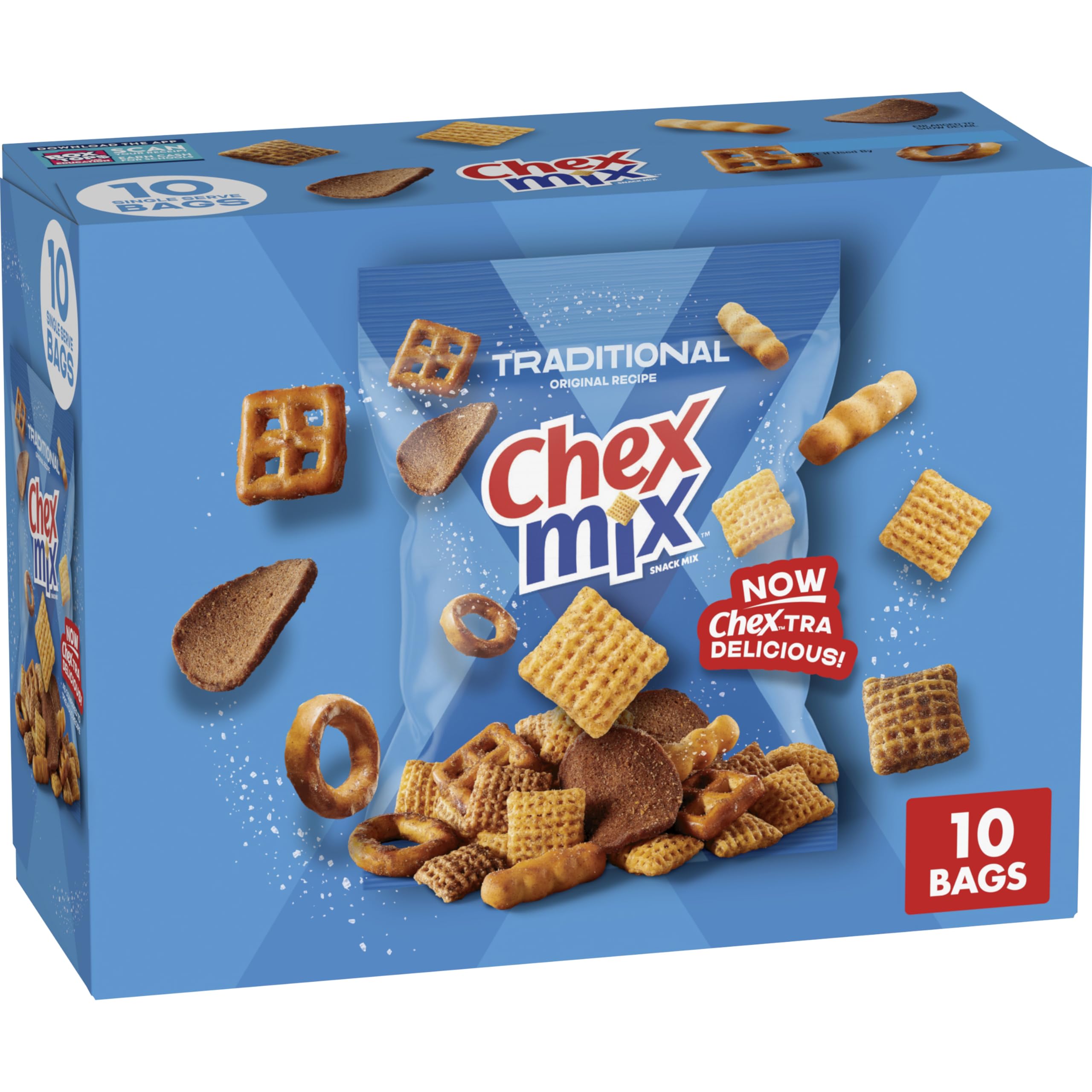 Chex Mix Traditional Original snack-pack bag showing savory crunch for lunchboxes.