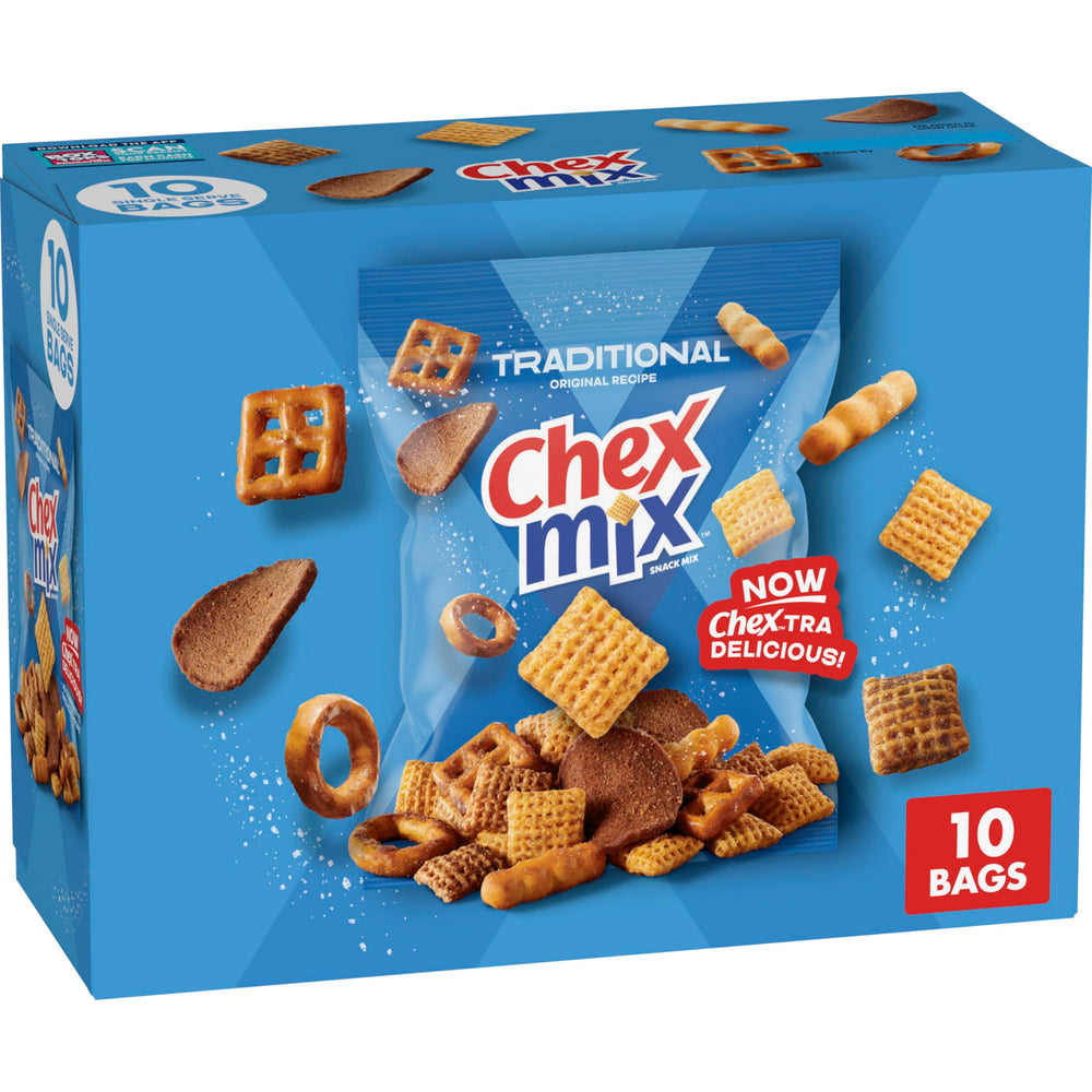 Chex Mix Traditional Original snack-pack bag showing savory crunch for lunchboxes.