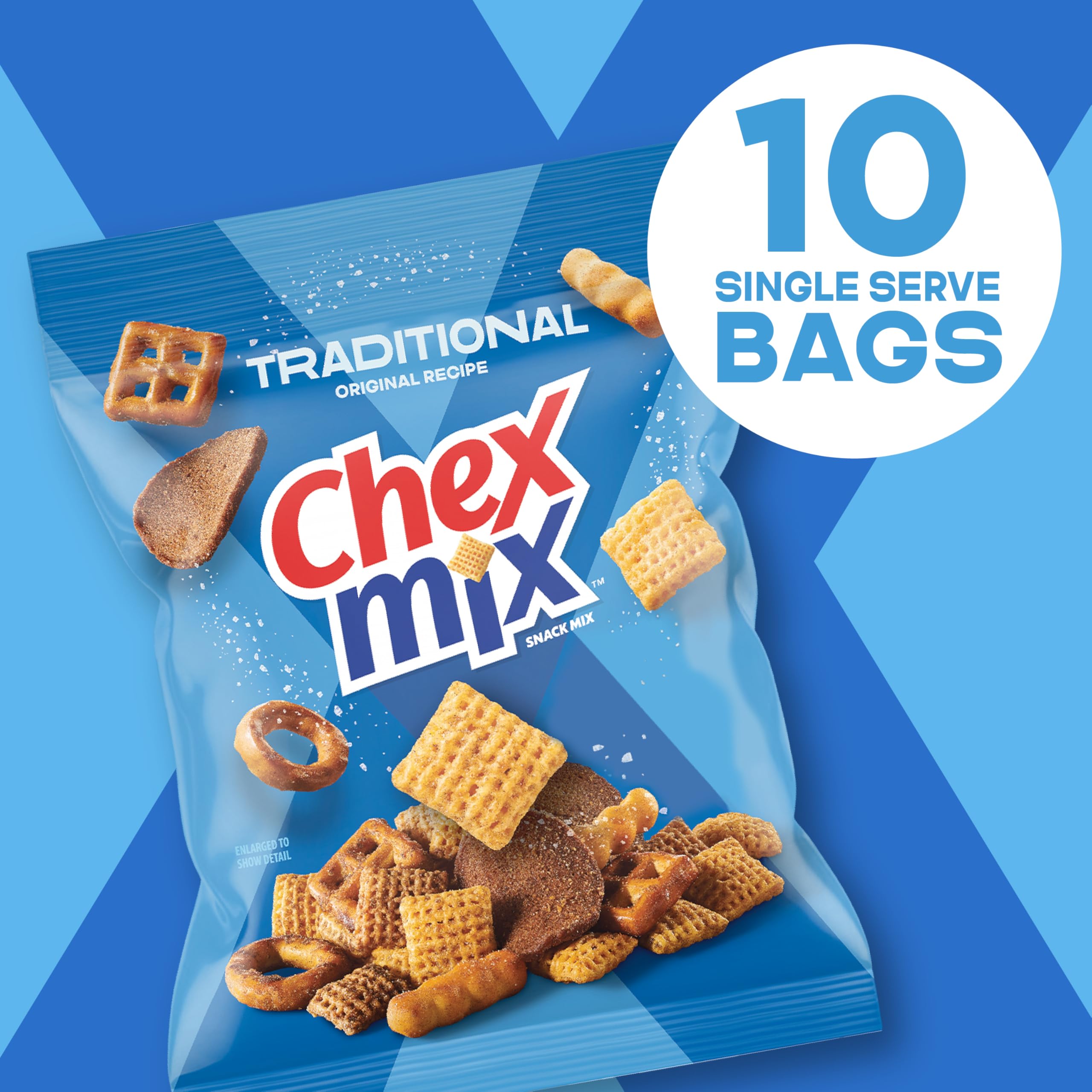 Chex Mix Traditional Original squiggle breadsticks close-up for texture variety.