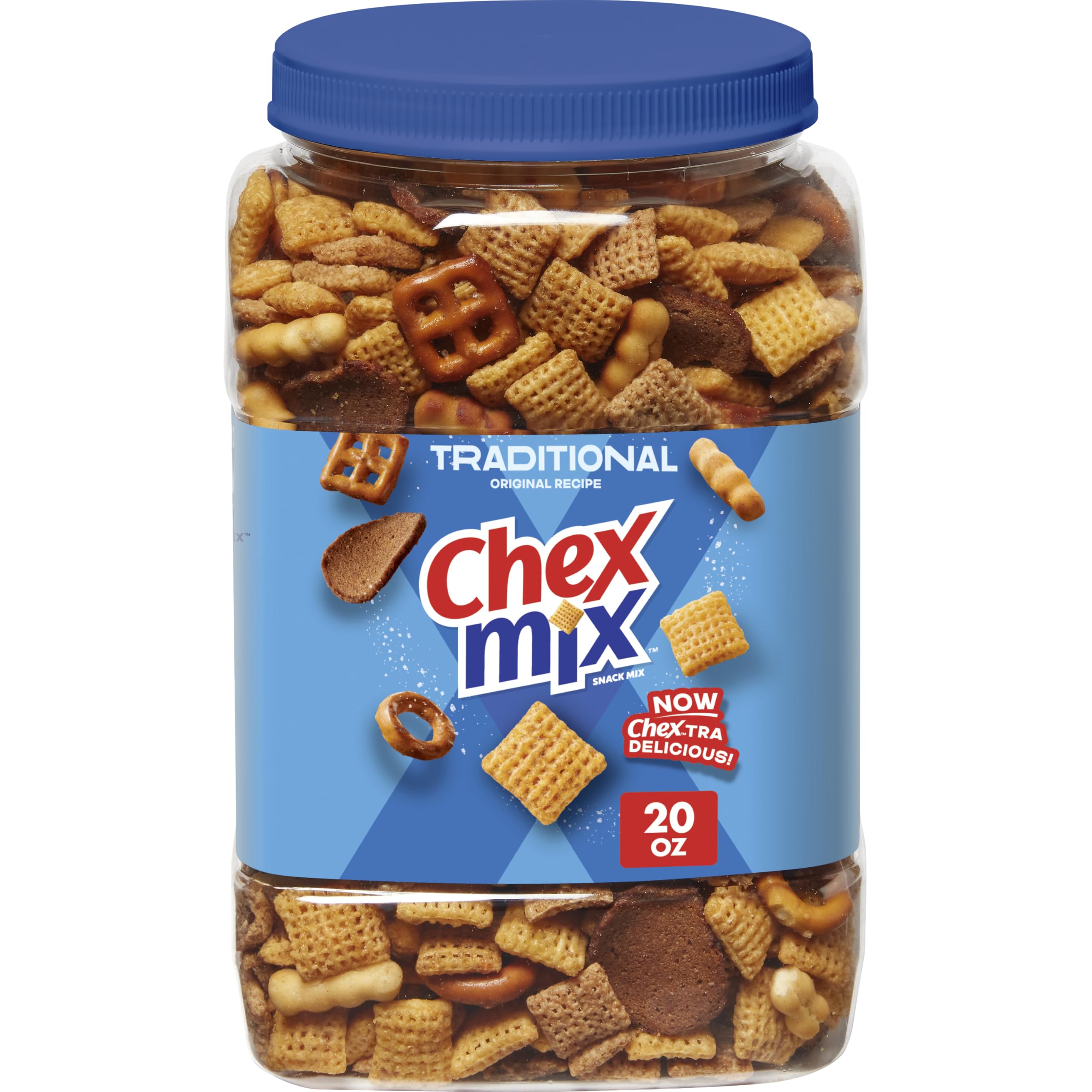 Chex Mix Traditional Original 20oz tub on counter, ideal for gatherings.