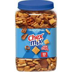 Chex Mix Traditional Original 20oz tub on counter, ideal for gatherings.