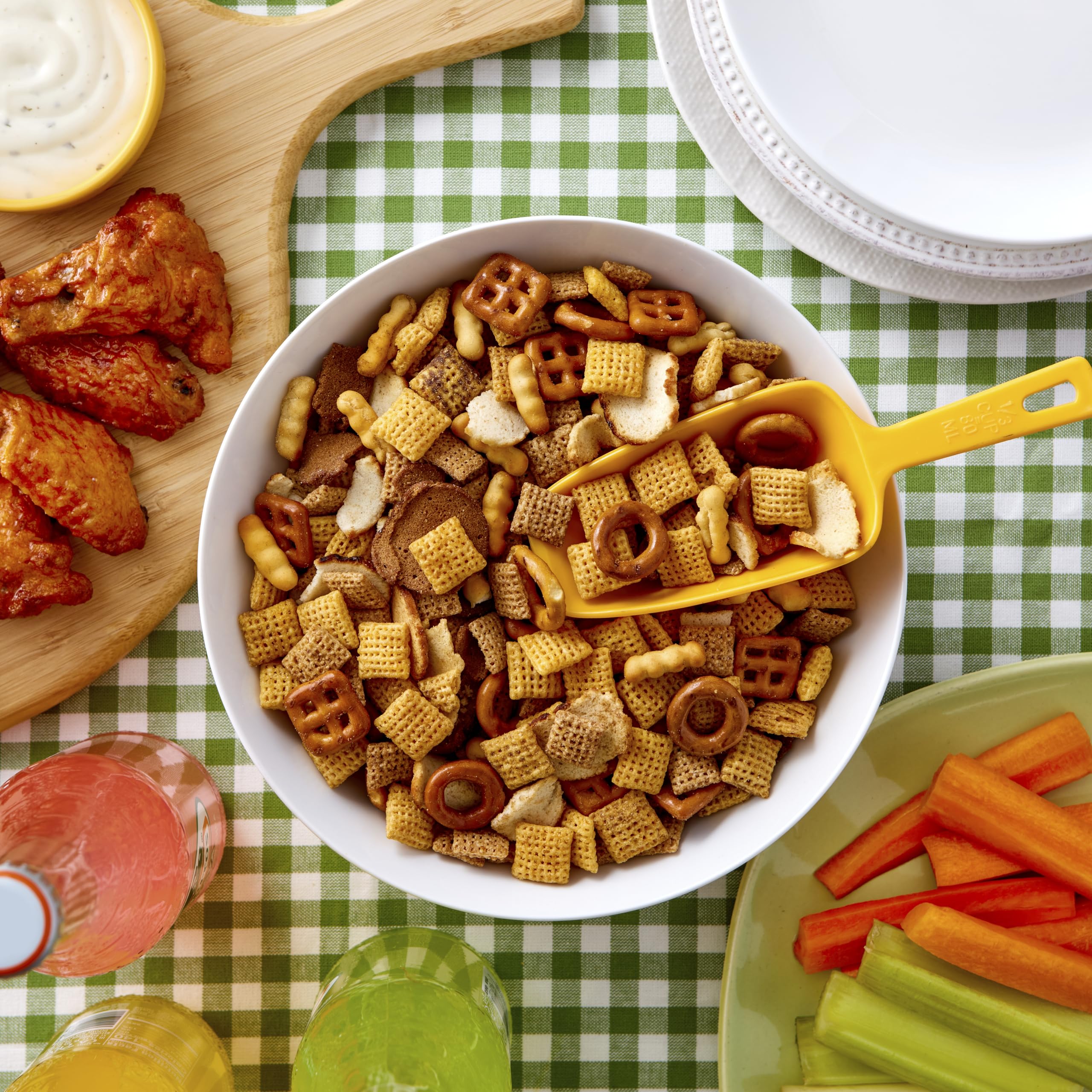 Chex Mix Traditional being poured for quick snacking