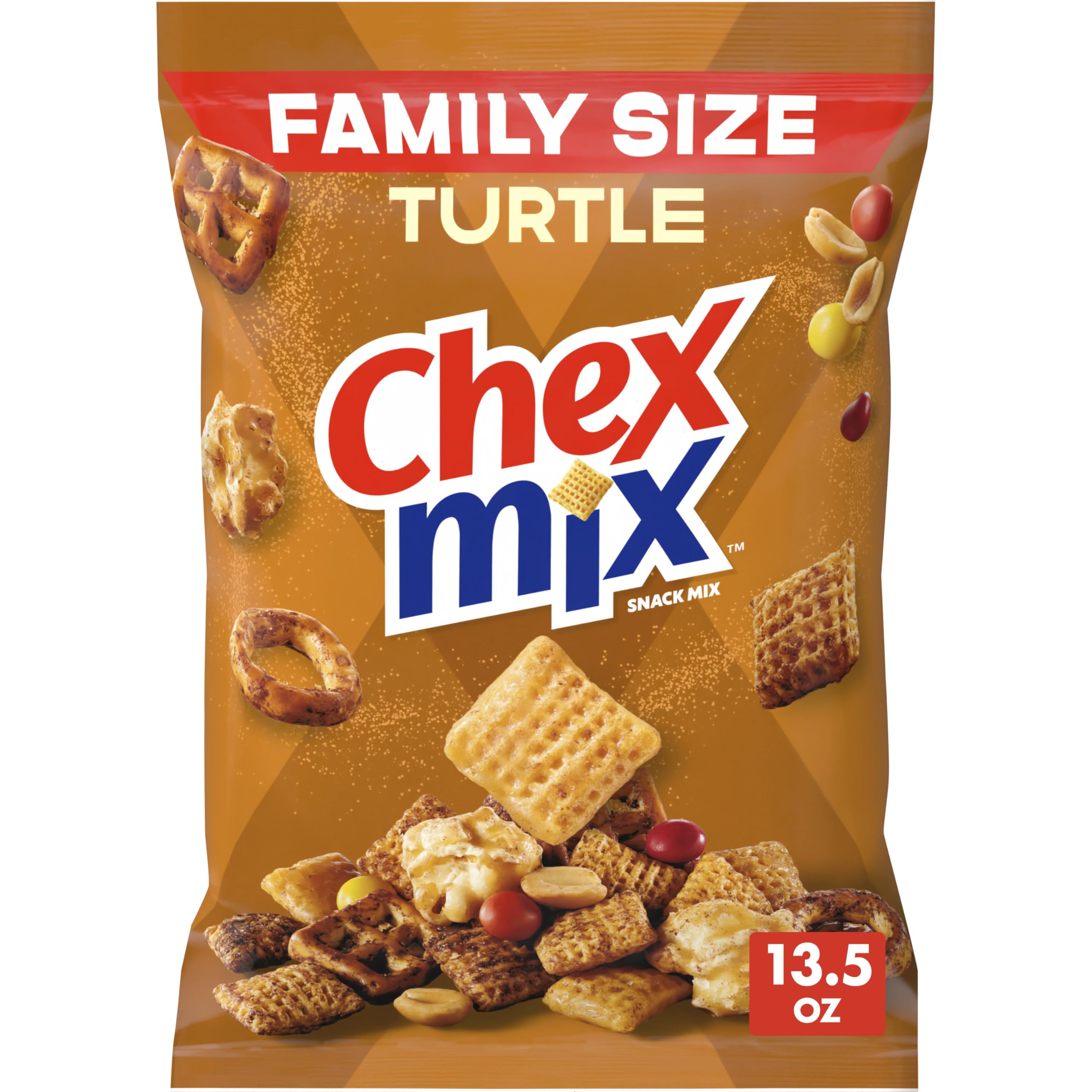 Chex Mix Turtle Snack Mix bag shows indulgent flavors for sharing.