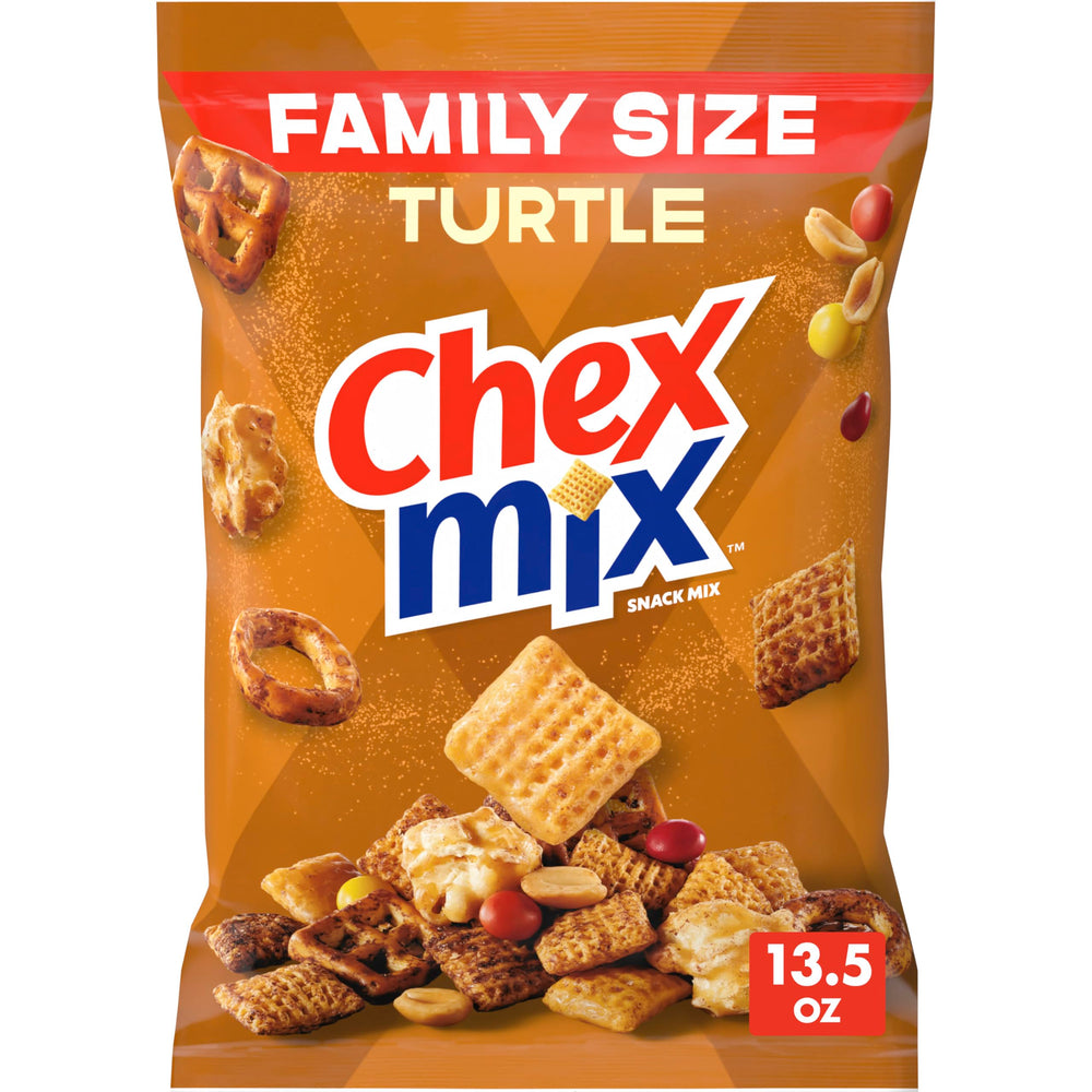 Chex Mix Turtle Snack Mix bag shows indulgent flavors for sharing.