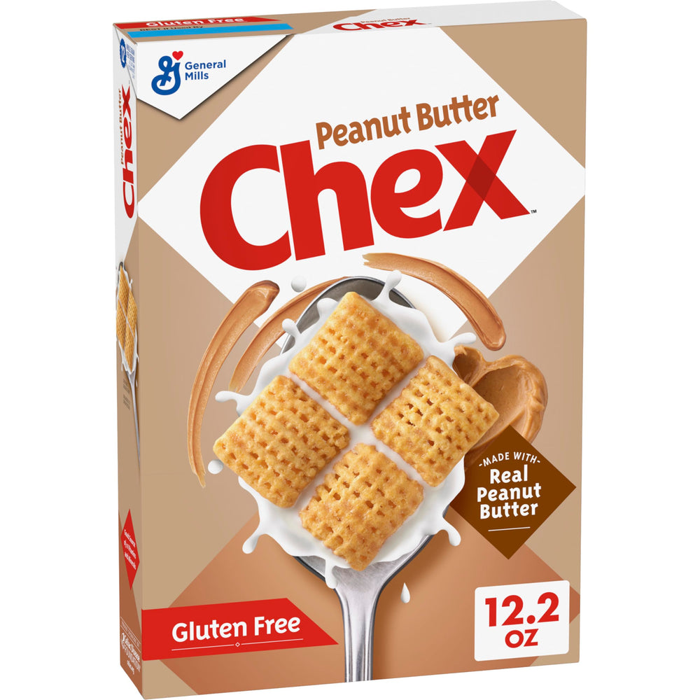 Chex Peanut Butter Cereal box showing gluten-free whole grain breakfast option.