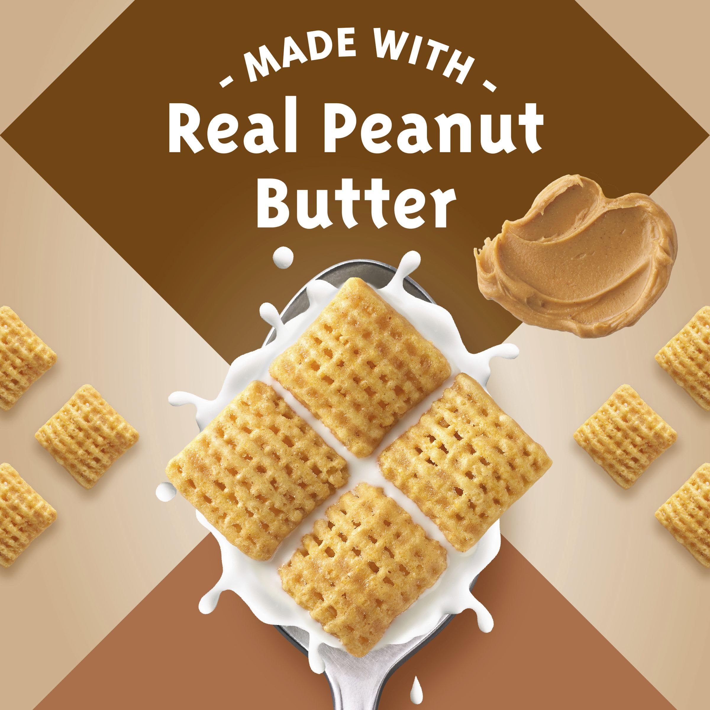 Chex Peanut Butter Cereal closeup bite reveals crispy lattice squares and flavor.