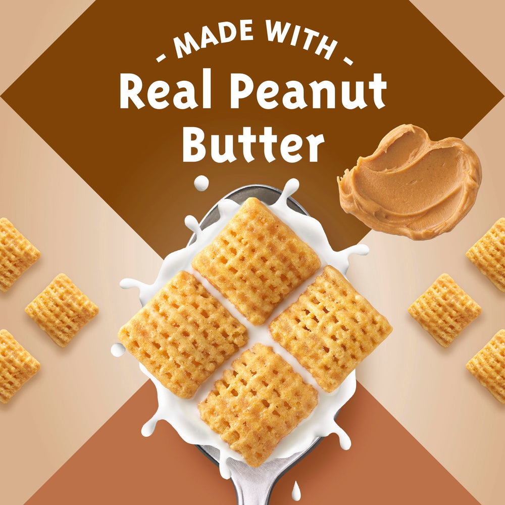 Chex Peanut Butter Cereal closeup bite reveals crispy lattice squares and flavor.