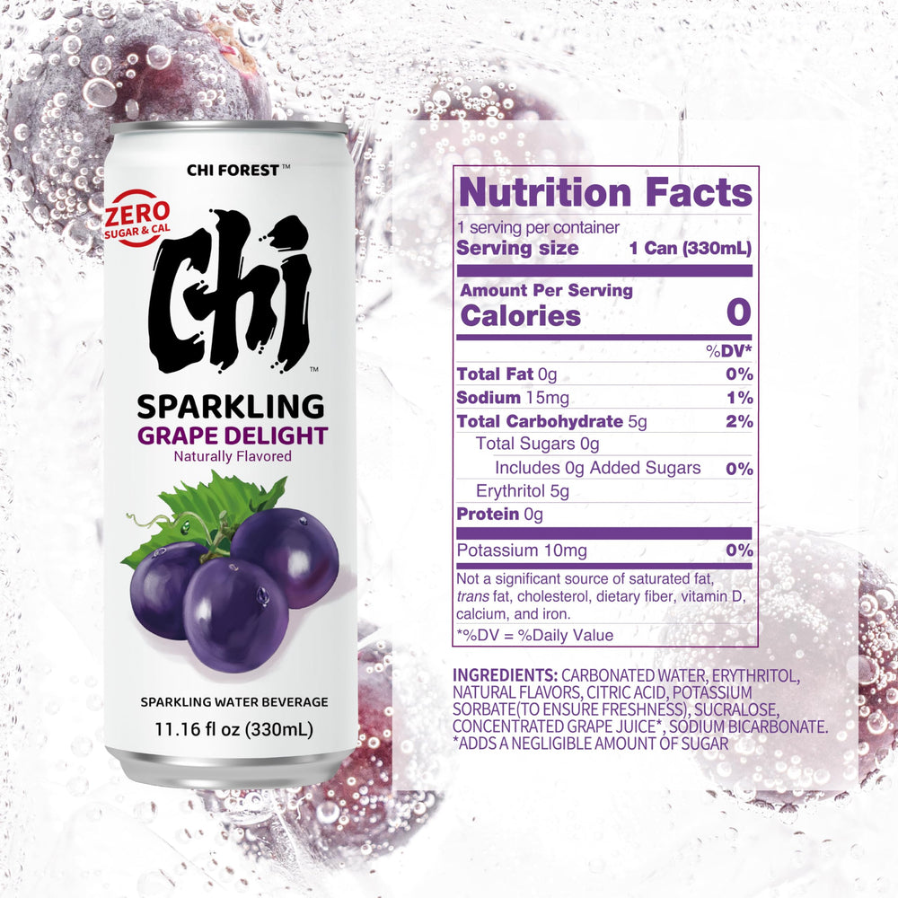 CHI FOREST Grape Delight bubbles closeup highlighting lively fizz.