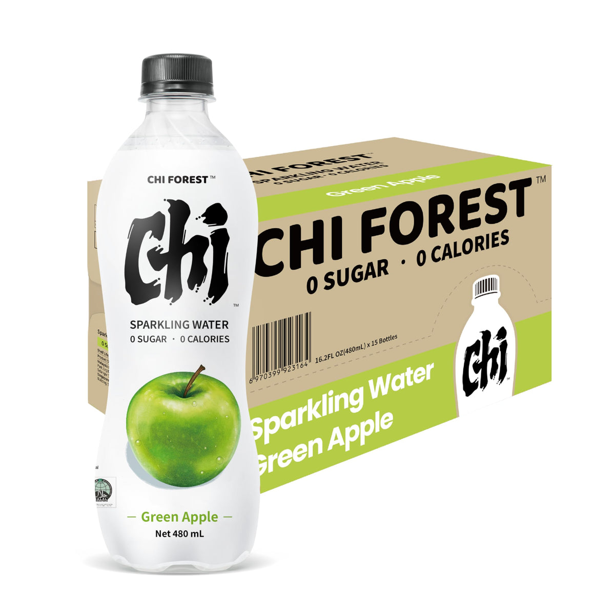 CHI FOREST Green Apple Sparkling Water bottle visual emphasizes zero sugar refreshment