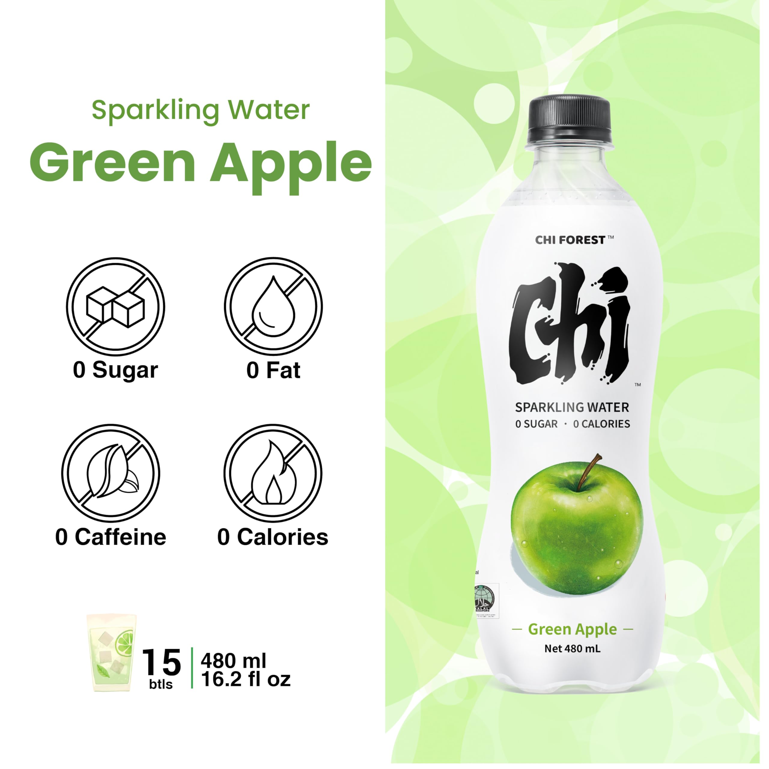 CHI FOREST Green Apple Sparkling Water bottle condensation for a cool feel