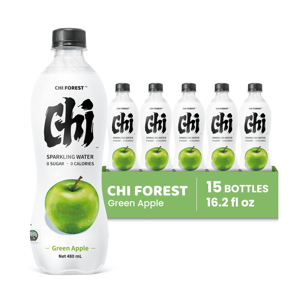 CHI FOREST Green Apple Sparkling Water label highlights zero sugar option