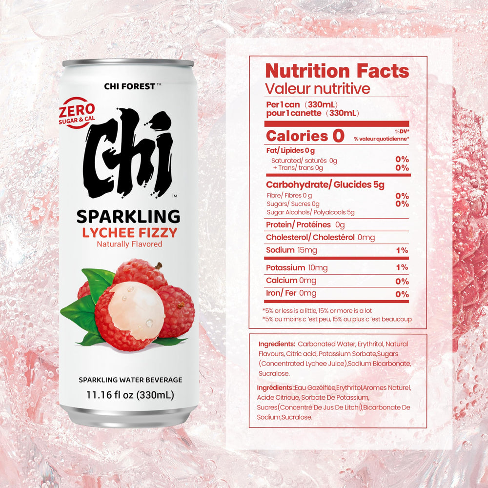 CHI FOREST Lychee Fizzy Water can-pack highlights 24 pack convenience