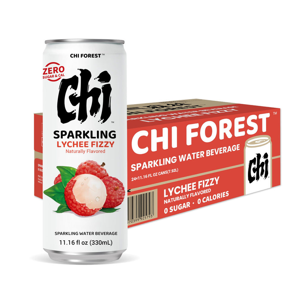 CHI FOREST Lychee Fizzy Water label closeup reveals flavor details
