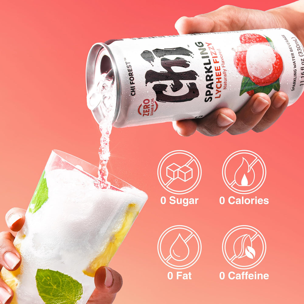 CHI FOREST Lychee Fizzy Water being poured into a glass with ice