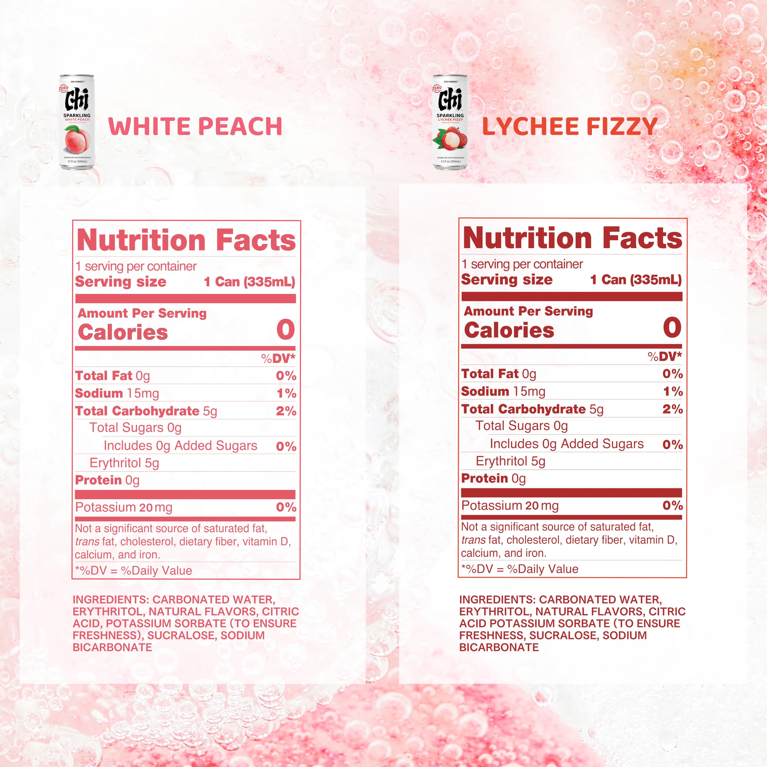 CHI FOREST Lychee & White Peach can side view shows portable zero sugar option for on-the-go hydration.