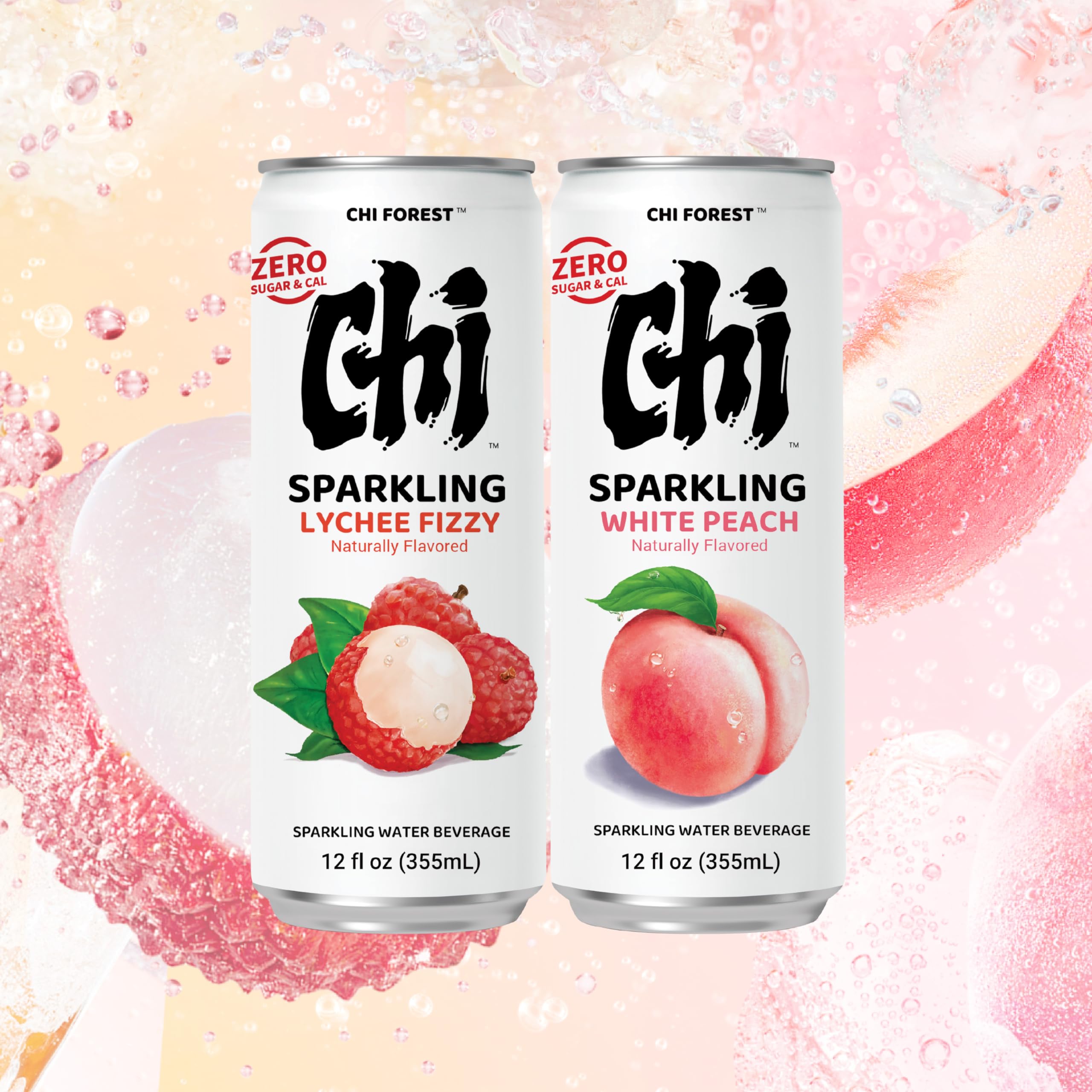 CHI FOREST Lychee & White Peach label closeup conveys premium aroma.