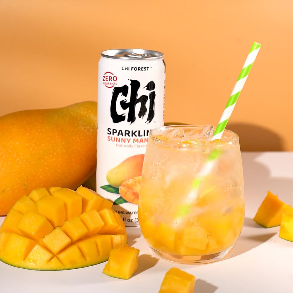 Pour over ice with lime wedge and CHI FOREST Mango Sparkling Water enhances flavor.