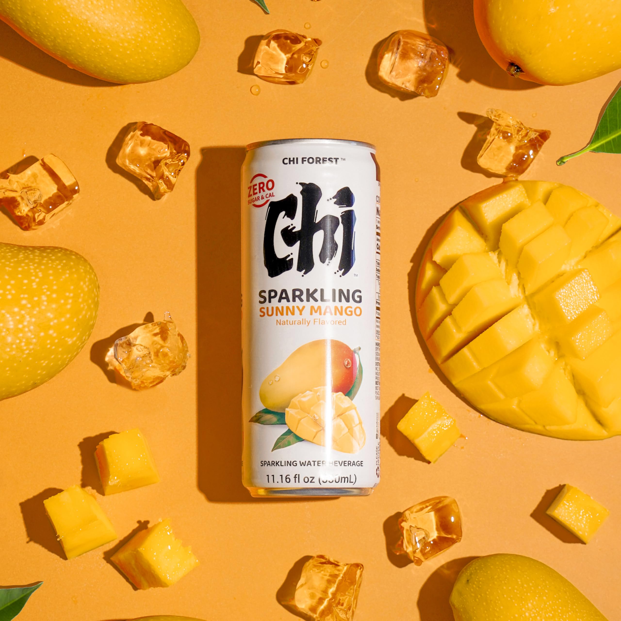 CHI FOREST Mango Sparkling Water can front view, zero sugar and crisp mango flavor.