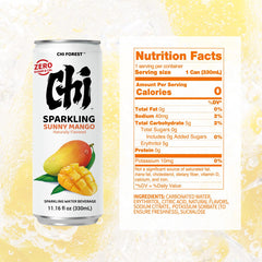 CHI FOREST Mango Sparkling Water being poured, refreshing bubbles highlight a fruity moment.