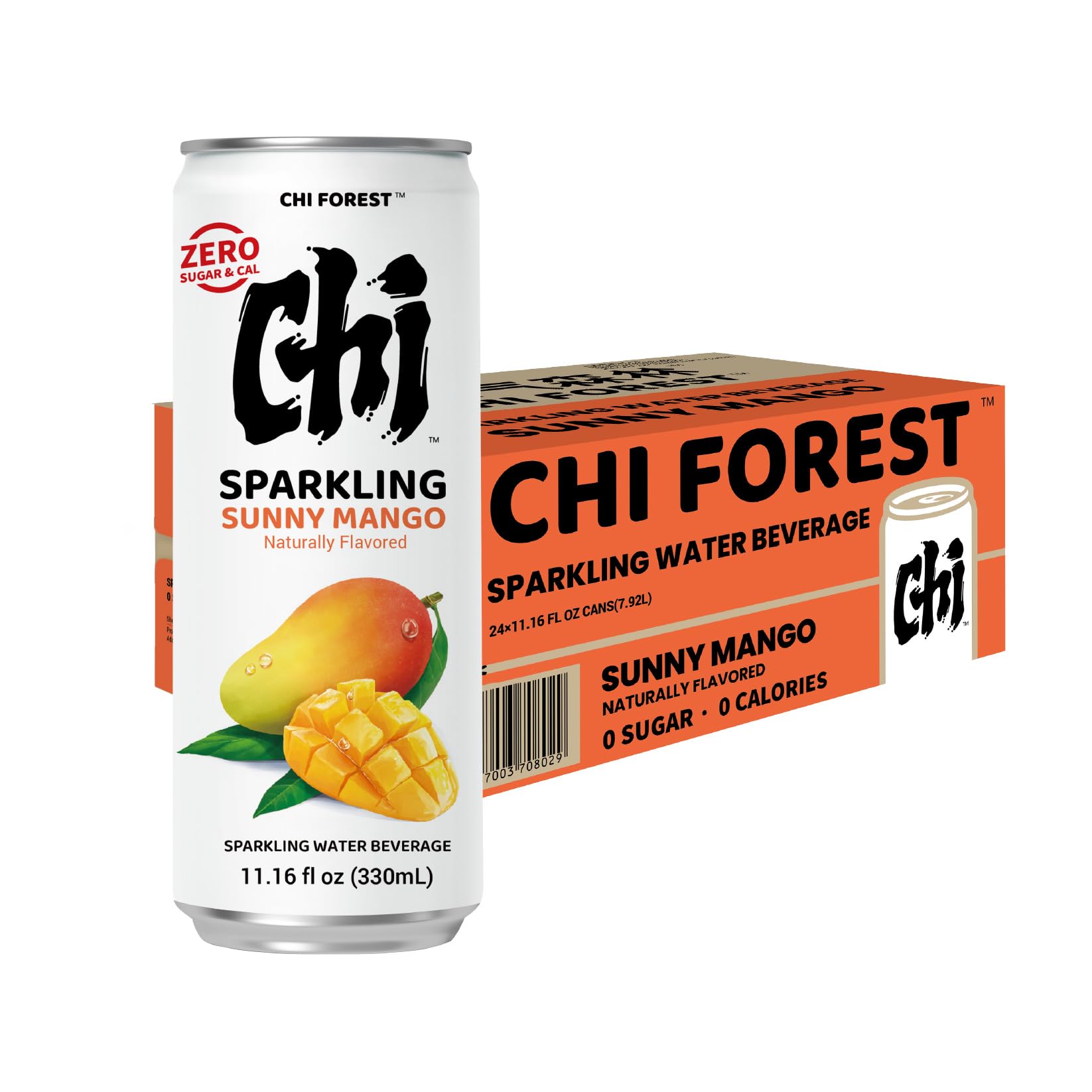 Cold can with condensation invites a refreshing break with CHI FOREST Mango Sparkling Water.