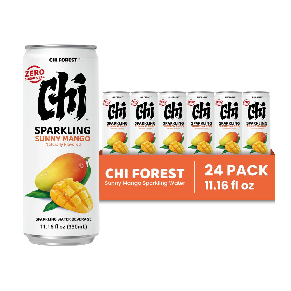 CHI FOREST Mango Sparkling Water label close-up hints at mango aroma.