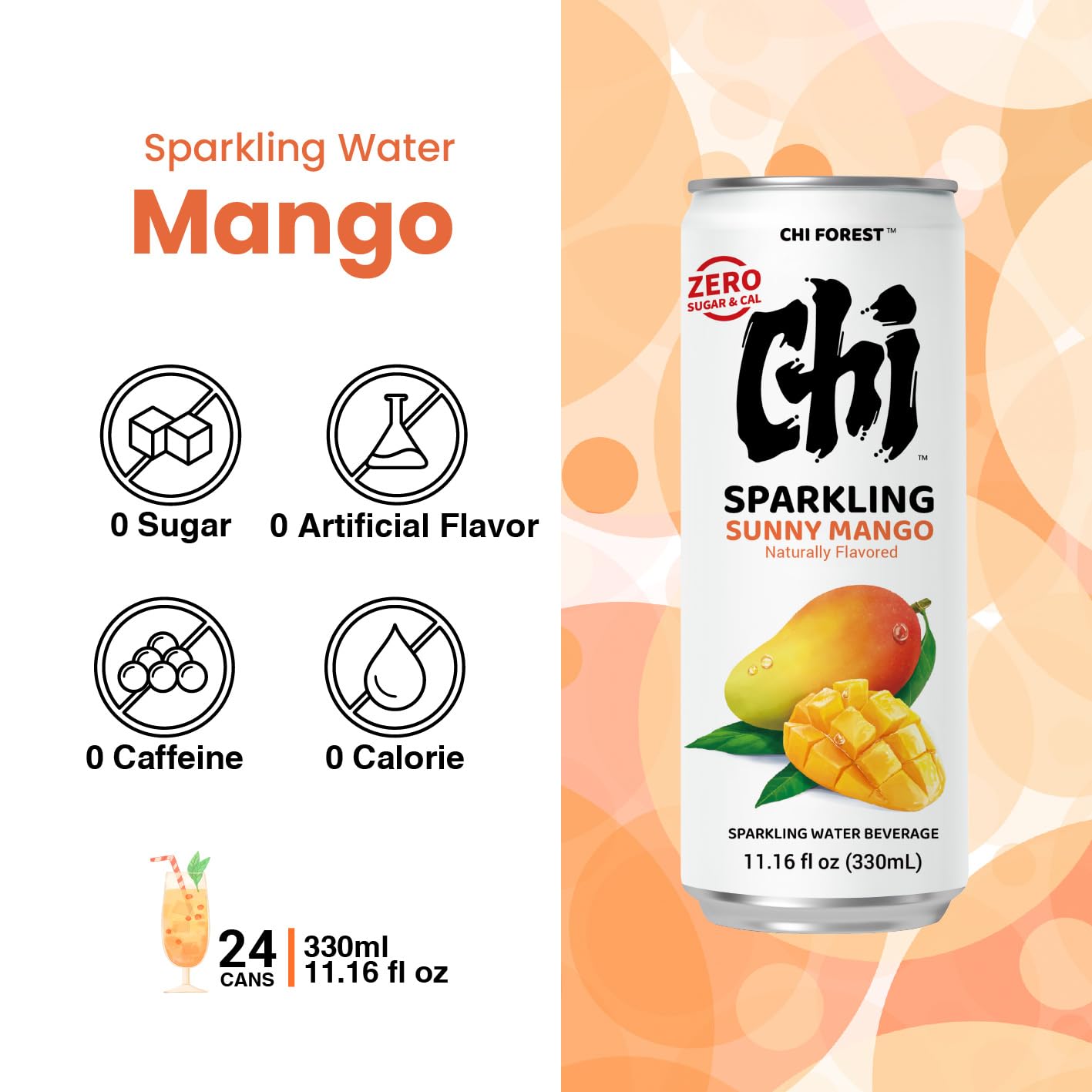 Pack of CHI FOREST Mango Sparkling Water cans displayed for gatherings.