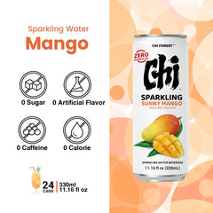 Pack of CHI FOREST Mango Sparkling Water cans displayed for gatherings.
