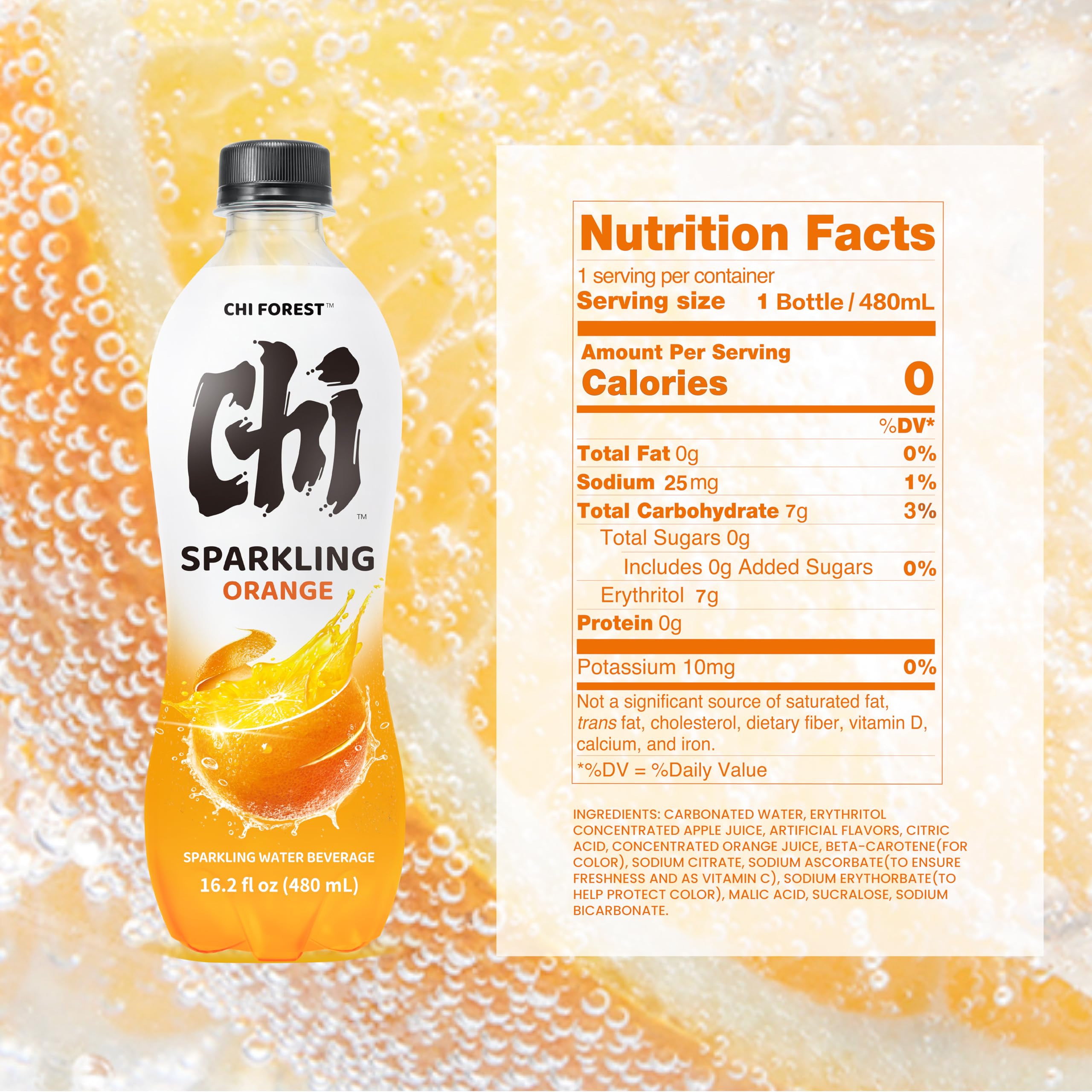 CHI FOREST Orange Sparkling Water glass with bright bubbles and citrus notes