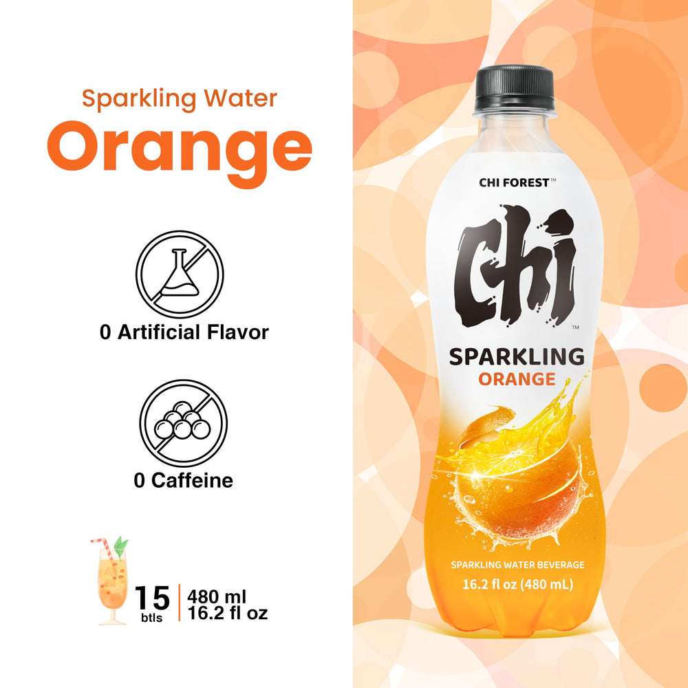 CHI FOREST Orange Sparkling Water label emphasizes orange flavor cues