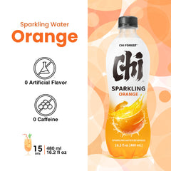 CHI FOREST Orange Sparkling Water label emphasizes orange flavor cues
